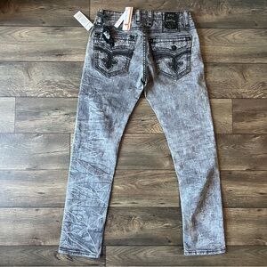 Rock Revival Men's Mike Biker Grey Wash Denim Jeans Size 34x32